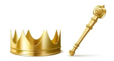 Gold royal crown and scepter for king or queen vector