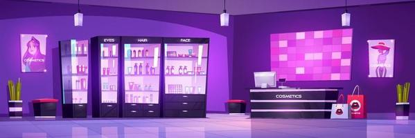 Cosmetics store interior, makeup or body care shop vector