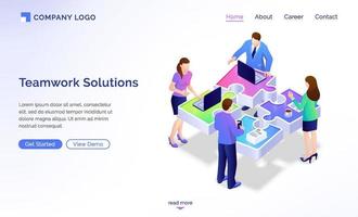 Teamwork solutions isometric landing page, banner vector