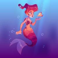 Cute mermaid with little fish underwater in sea vector