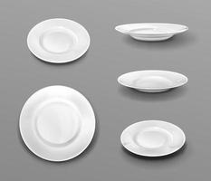 White plates, realistic 3d ceramic dishes top view vector