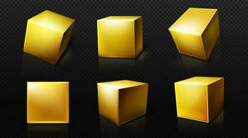 Gold cube, 3d square golden box, cubic blocks vector