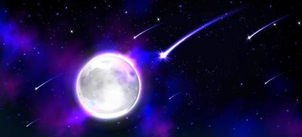 Realistic moon in space with stars and meteors vector