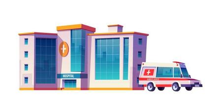 edificio del hospital y coche de ambulancia vector