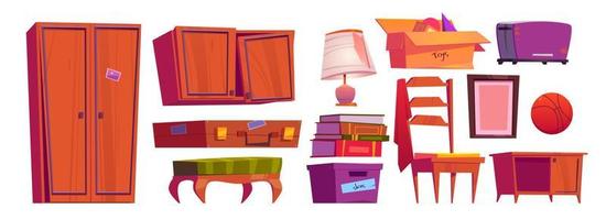 Old furniture, archive items on house attic vector