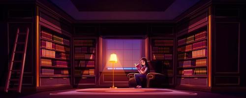 Girl reads book in old luxury library at night vector