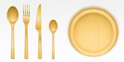 Wooden cutlery and round tray for pizza vector