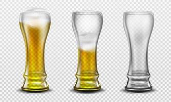 Tall glass full of beer, half full and empty vector