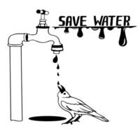 concept is to save water resources. The raven bird drinks from under dripping tap with running water. Dripping from faulty faucet. Water day. Exterior dripping water faucet or tap in yard vector