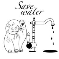 The concept is save water resources. The cat closes the tap with running water with its paw. Dripping water. Illustration of dripping water tap in the style of doodles in vector