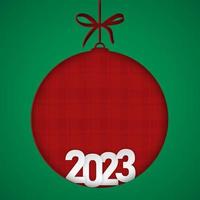 Merry Christmas and happy new year paper cut concept. Christmas ball and happy new year 2023 paper cut concept on red background. Vector illustration. Paper cut and craft style. Vector illustration