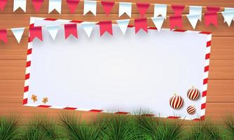 Merry Christmas and happy new year empty frame on wood background. Merry Christmas with fir branches, flag party, and Christmas ball. Christmas and new year background. Vector illustration