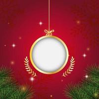 Christmas balls on red background with confetti. Merry Christmas and happy new year with Christmas ball and fir branches on red background. Christmas and new year background holiday. Vector illustrat