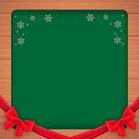 Merry Christmas holiday and happy new year and empty frame on a wood background. Merry Christmas with snowflakes and a bow ribbon. Christmas and new year background. Vector illustration.