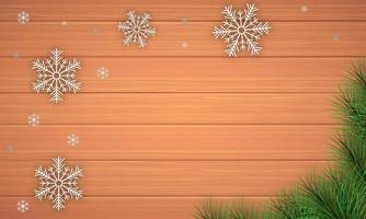 Merry Christmas holiday and happy new year and empty frame on wood background. Merry Christmas with snowflakes and fir branches. Christmas and new year background. Vector illustration.