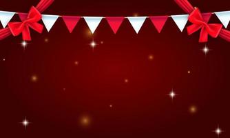 Merry Christmas and happy new year on red background. Merry Christmas with flags party, garland, bow ribbons. Winter holiday Christmas and new year background. Vector illustration