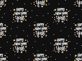 Happy New Year cartoon character seamless pattern on black background vector