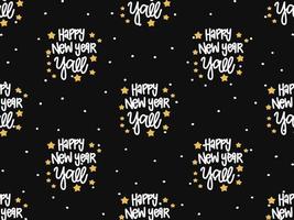 Happy New Year cartoon character seamless pattern on black background vector