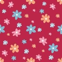 Cute seamless pattern with pink and blue flowers on Viva Magenta background vector