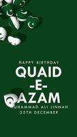 feliz aniversário de muhammad ali jinnah, corações 3d de bandeiras paquistanesas caindo no texto de aniversário quaid e azam, renderização em 3d video