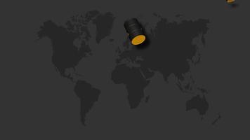 Tambores de aceite, barril de combustible cayendo en cámara lenta 3d, fondo de mapa mundial, clave cromática, selección de tambores luma mate video