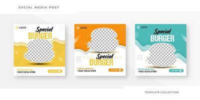 Burger social media post template collection, restaurant social media post design template Pro Vector