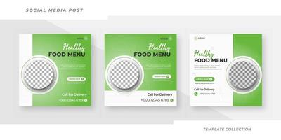 menú de comida de restaurante saludable promoción de redes sociales y conjunto de plantillas de diseño de publicación de banner vector