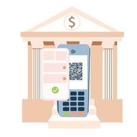 Ilustración de stock de vector de banca por Internet. edificio del banco y terminal pos. compra en línea, pago sin contacto. cálculo de pagos. Aislado en un fondo blanco.