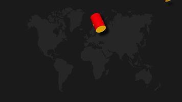 Tambores de aceite, barril de combustible cayendo en cámara lenta 3d, fondo de mapa mundial, clave cromática, selección de tambores luma mate video