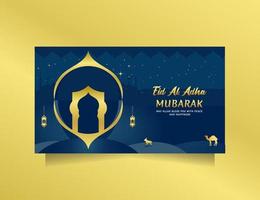 Luxury Eid al adha greeting for social media post and banner with blue gold color. Vector illustration islamic background with beautiful and modern mosque design