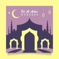 Flat design Eid al adha social media post greeting with modern purple color. Square Vector illustration islamic background with beautiful and unique mosque design