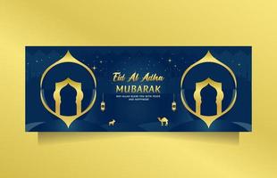 Saludo de lujo de eid al adha para publicación en redes sociales y pancarta con color azul dorado. fondo islámico de ilustración vectorial con diseño de mezquita hermoso y único vector