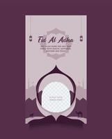 Eid al adha social media post, poster and story template with modern purple color and image placeholder. Greeting and promotion design islamic background with beautiful mosque and unique design vector