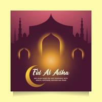 Happy Eid al adha greeting social media post with gold and purple color. Square Vector illustration islamic background with beautiful and unique mosque design