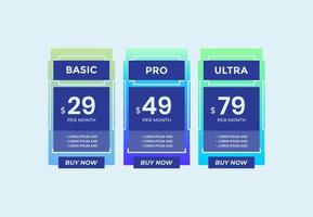 Blue Pricing Table Template with Three Plan Type. Basic Pro and Ultra Graphic Design on Gray Background vector