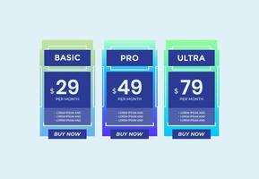 Blue Pricing Table Template with Three Plan Type. Basic Pro and Ultra Graphic Design on Gray Background vector