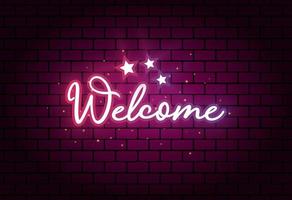 Welcome text vector design on dark brick wall texture background. Modern Glowing neon Style with handwritten text lettering