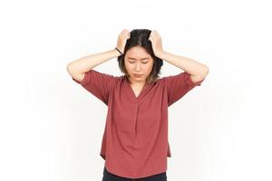 Headache Gesture Of Beautiful Asian Woman Isolated On White Background photo