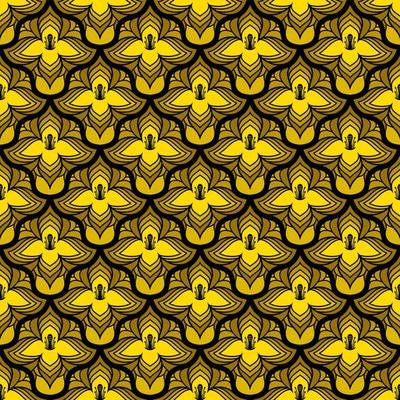 BLACK SEAMLESS VECTOR ART NOUVEAU BACKGROUND WITH YELLOW FLOWERS