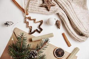 Background with wooden christmas decorations on white background photo