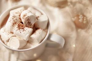Cup of hot chocolate with marshmallow and christmas decorations photo