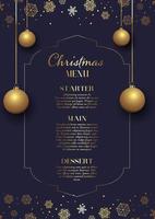 elegante diseño de menú navideño con adornos colgantes y copos de nieve vector