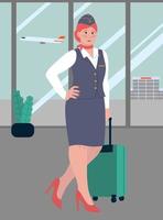 Stewardess In Blue Uniform With Suitcase In The Airport Vector Illustration In Flat Style