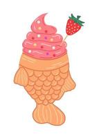 Taiyaki  fish-shaped cake with strawberry ice cream. Asian food. vector