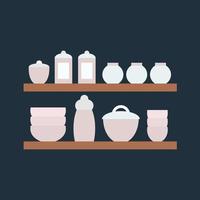 Vector kitchen utensils on shelves set. Flat style cooking tools isolated. Plates, bowls, bottles and pot