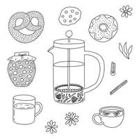 Vector doodle tea ceremony set. Hand drawn tea elements, french press, pretzel, cup, donut and cooking