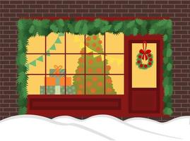 Christmas shop vector illustration. Winter Christmas shop window on street with pine and snow. Cute decor wreath on door. Flat illustration.