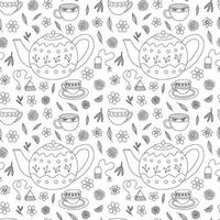 Vector tea cups and teapot seamless pattern. Hand drawn doodle tea ceremony pattern