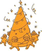 los niños bailan alrededor de la ilustración del árbol de navidad vector
