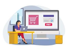 Woman doing payment for online shopping from office working time illustration. vector